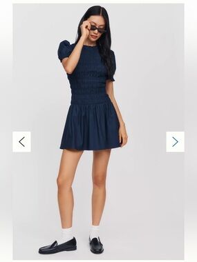 RIHOAS Navy Smocked Puff-Sleeve Mini Dress M EUC